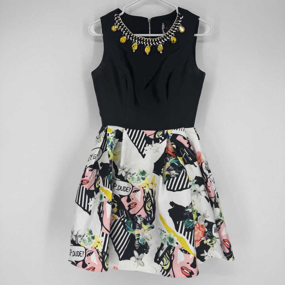 Mac Duggal Pop Art Graphic Fit Flare Dress Embellished Statement Neck Size 2